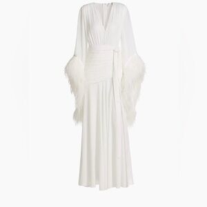 BRONX & BANCO WHITE MAX DRESS WITH FEATHERED SLEEVES